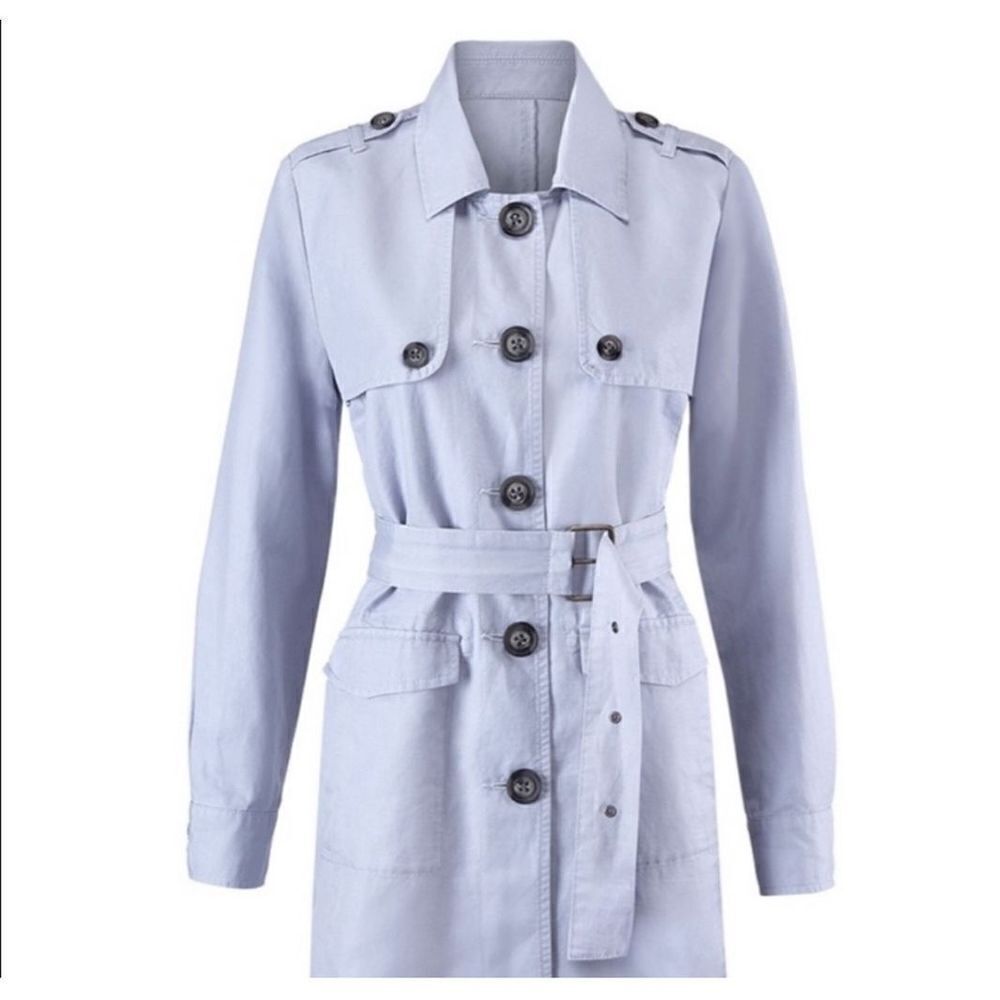 Cabi Tanner linen blend Trench Coat in Silver Lake Blue Size M